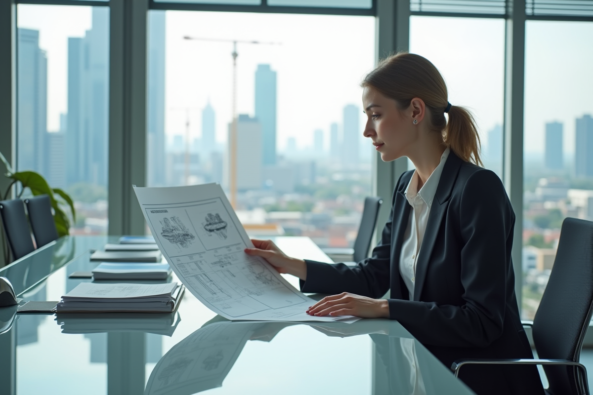 Jeune urbaniste analysant des plans dans un bureau moderne