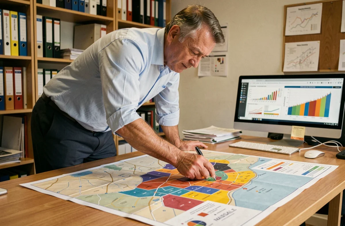 Urbaniste consultant une carte démographique de Marseille dans un bureau municipal, symbolisant l'analyse du recensement de la population