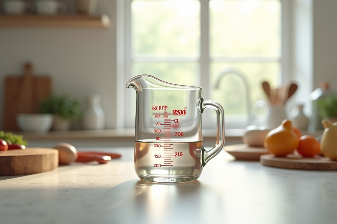 Verre mesureur dans une cuisine lumineuse avec ustensiles