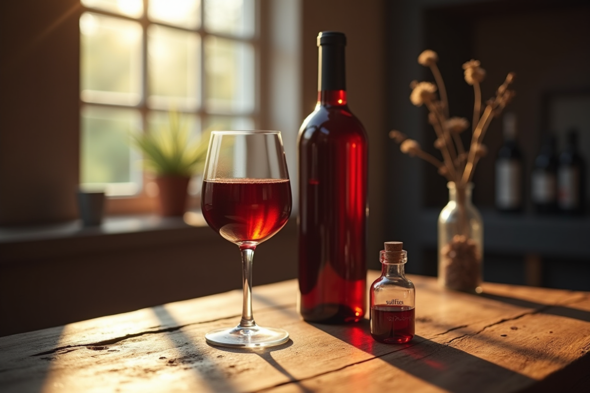 Verre de vin rouge sur une table en bois avec bouteille et flacon de sulfites