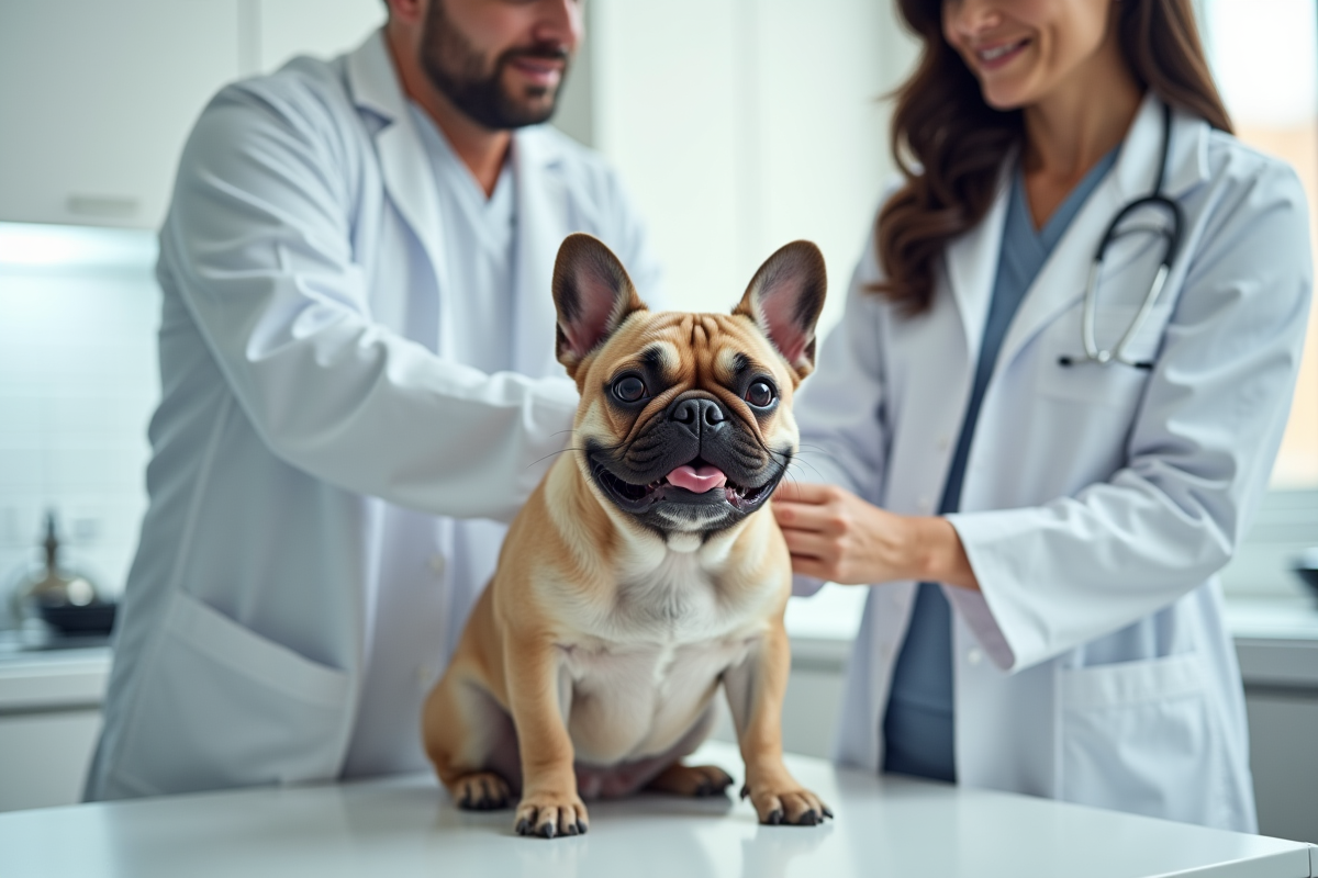 Vétérinaire examinant doucement un bulldog français dans une clinique lumineuse