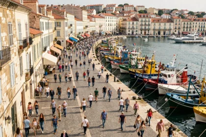 Vue panoramique du Vieux-Port de Marseille avec des habitants traversant le quai, illustrant la densité de population de la ville