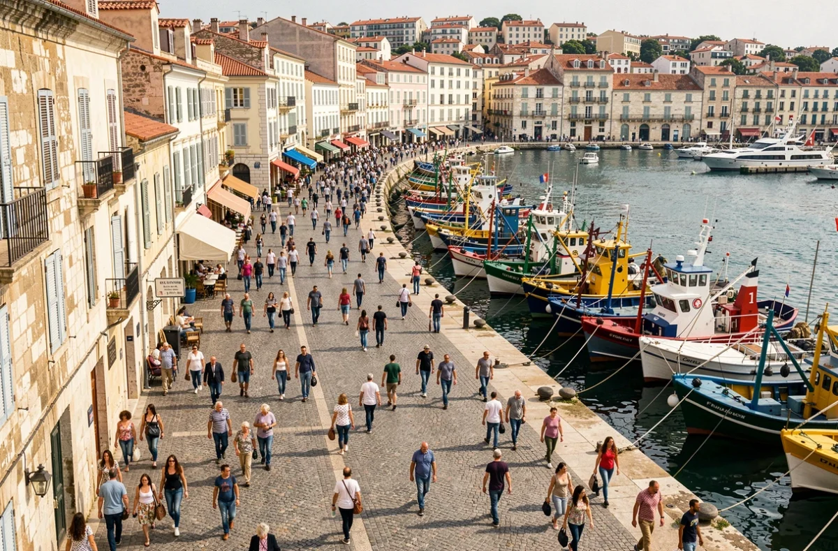 Vue panoramique du Vieux-Port de Marseille avec des habitants traversant le quai, illustrant la densité de population de la ville