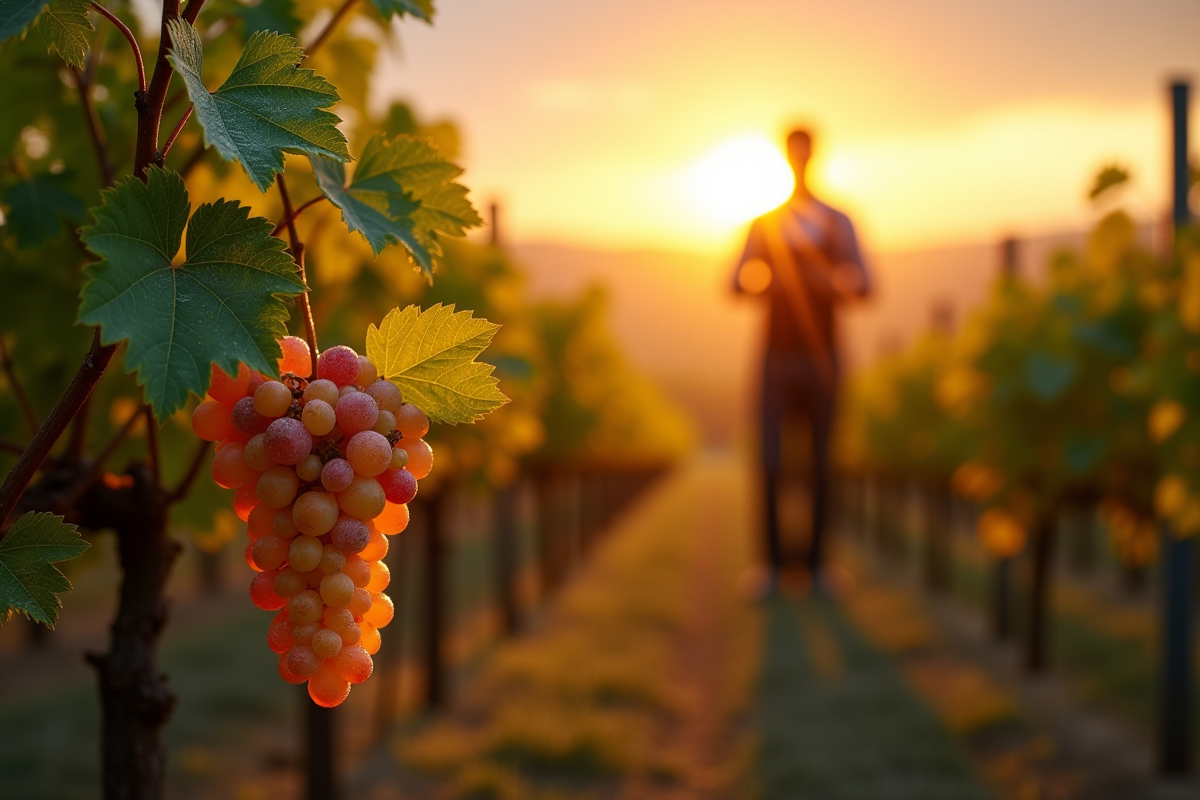 Vignoble au lever du soleil avec vendangeur inspectant les vignes