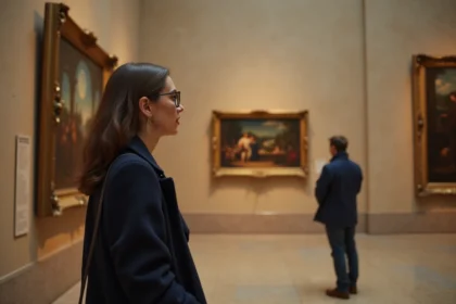 Visiteuse de musée découvrant la petite taille réelle d'un célèbre tableau dans une galerie d'art