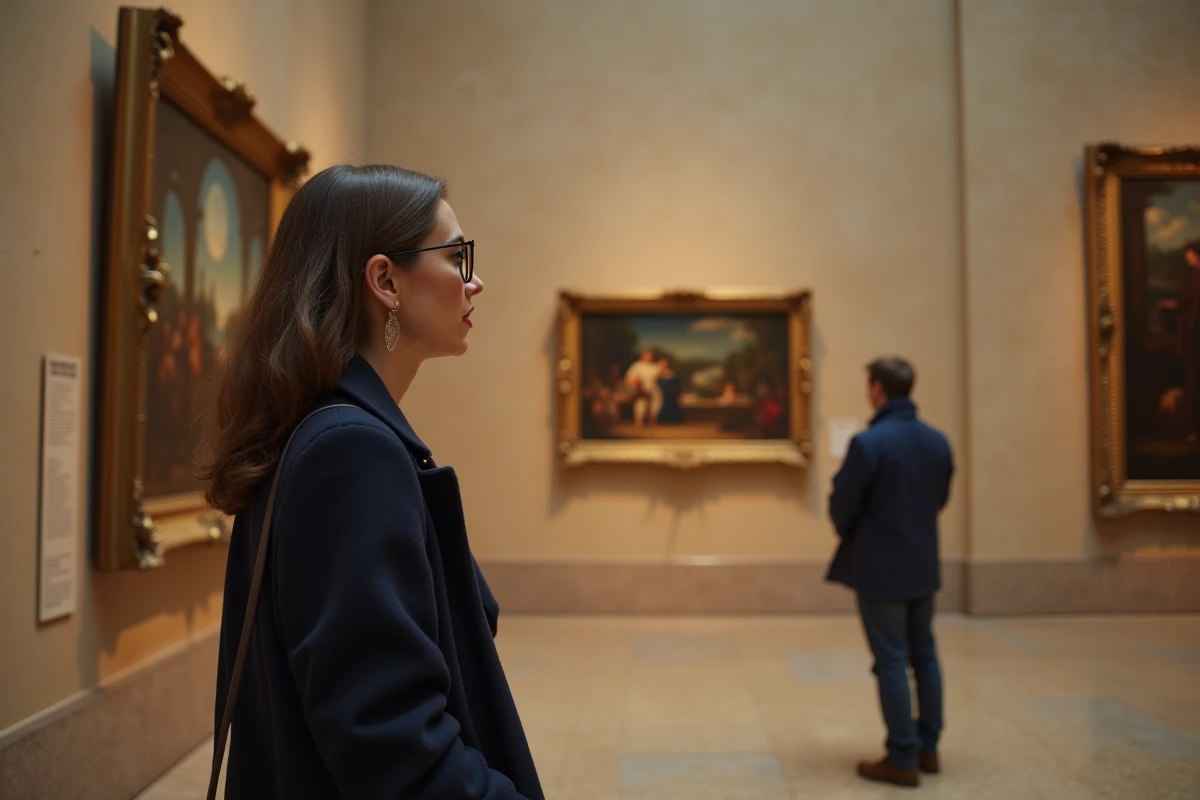 Visiteuse de musée découvrant la petite taille réelle d'un célèbre tableau dans une galerie d'art
