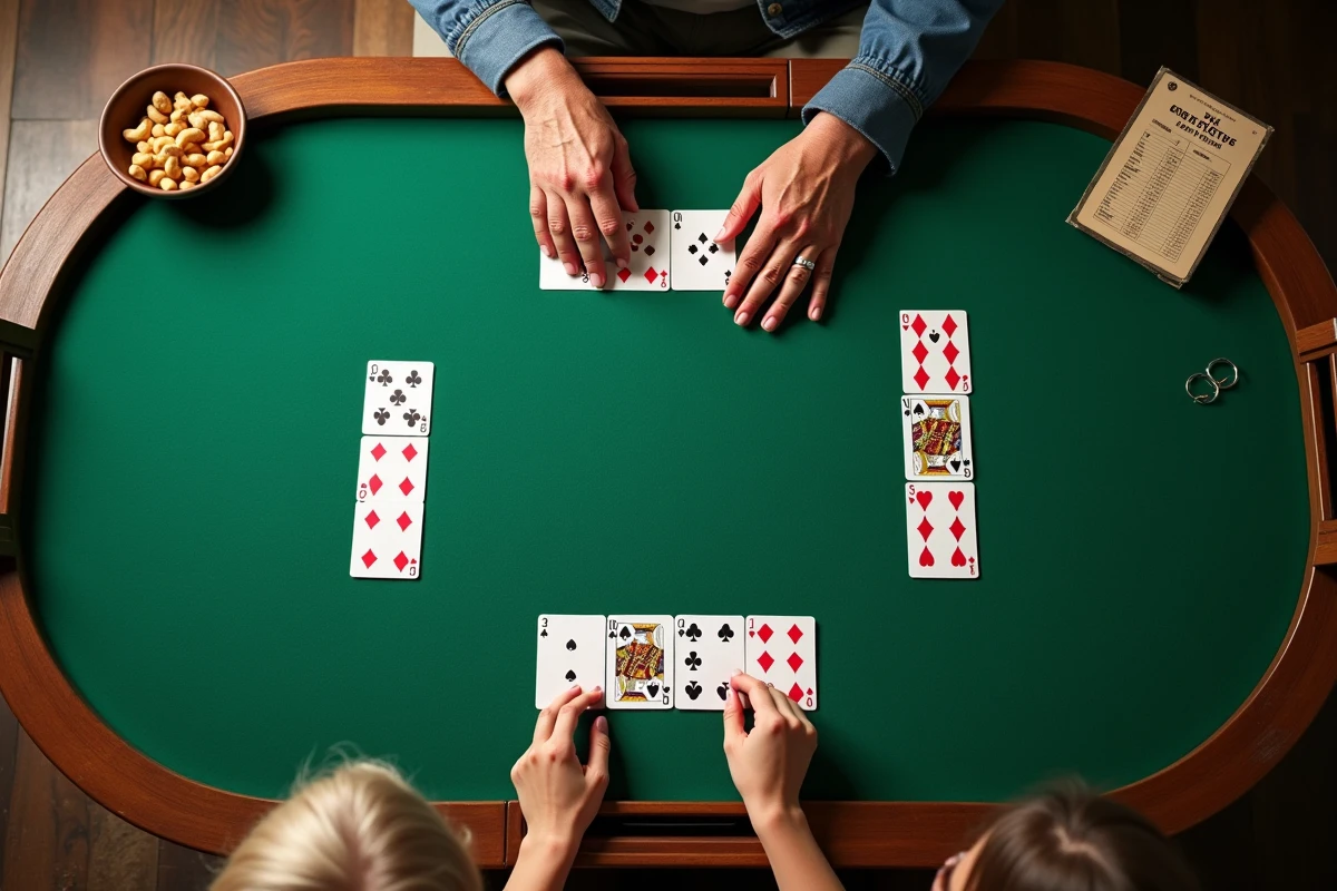 Vue aérienne d'une partie de crapette avec cartes disposées sur tapis vert et deux paires de mains jouant face à face
