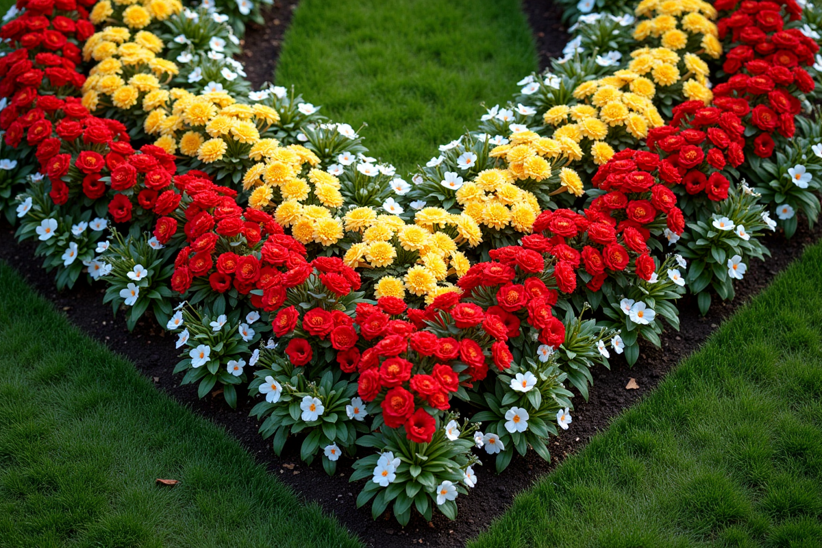Vue du dessus d’un parterre en V avec diverses fleurs
