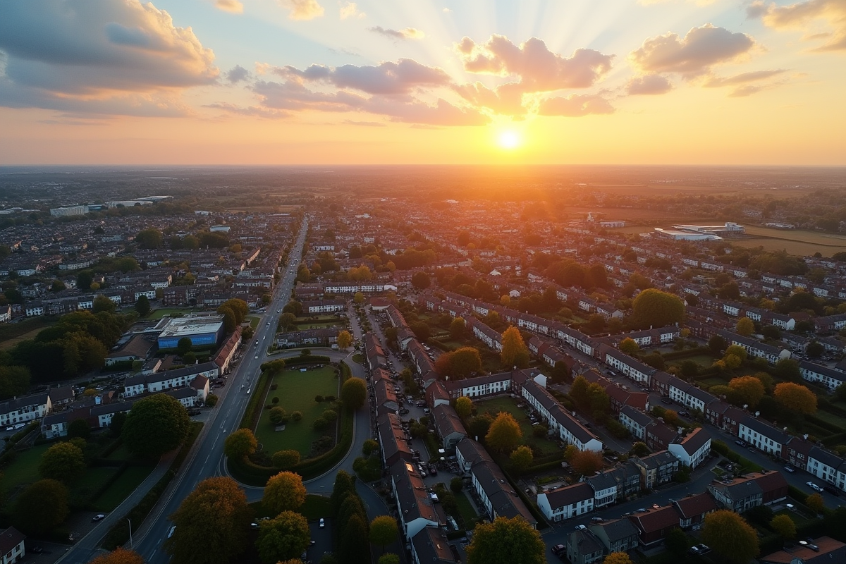 Vue aérienne de Rennes avec quartiers résidentiels et espaces verts au coucher du soleil