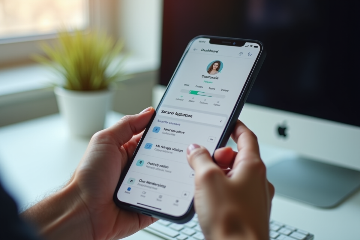 Mains tenant un smartphone affichant un tableau de bord