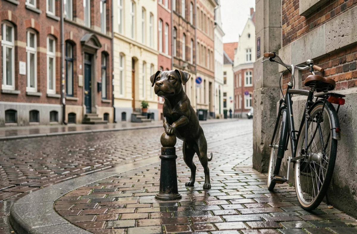 La statue du Zinneke Pis représentant un chien en bronze sur un coin de rue pavée à Bruxelles